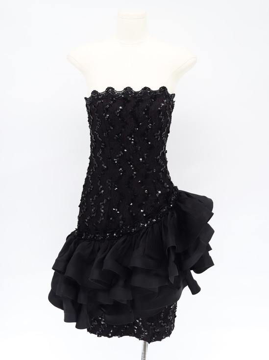 Night Way Dresses & Skirts - Vintage 90s Night Way Black Sequin Strapless Asymmetrical Ruffle Mini Dress Sz 6